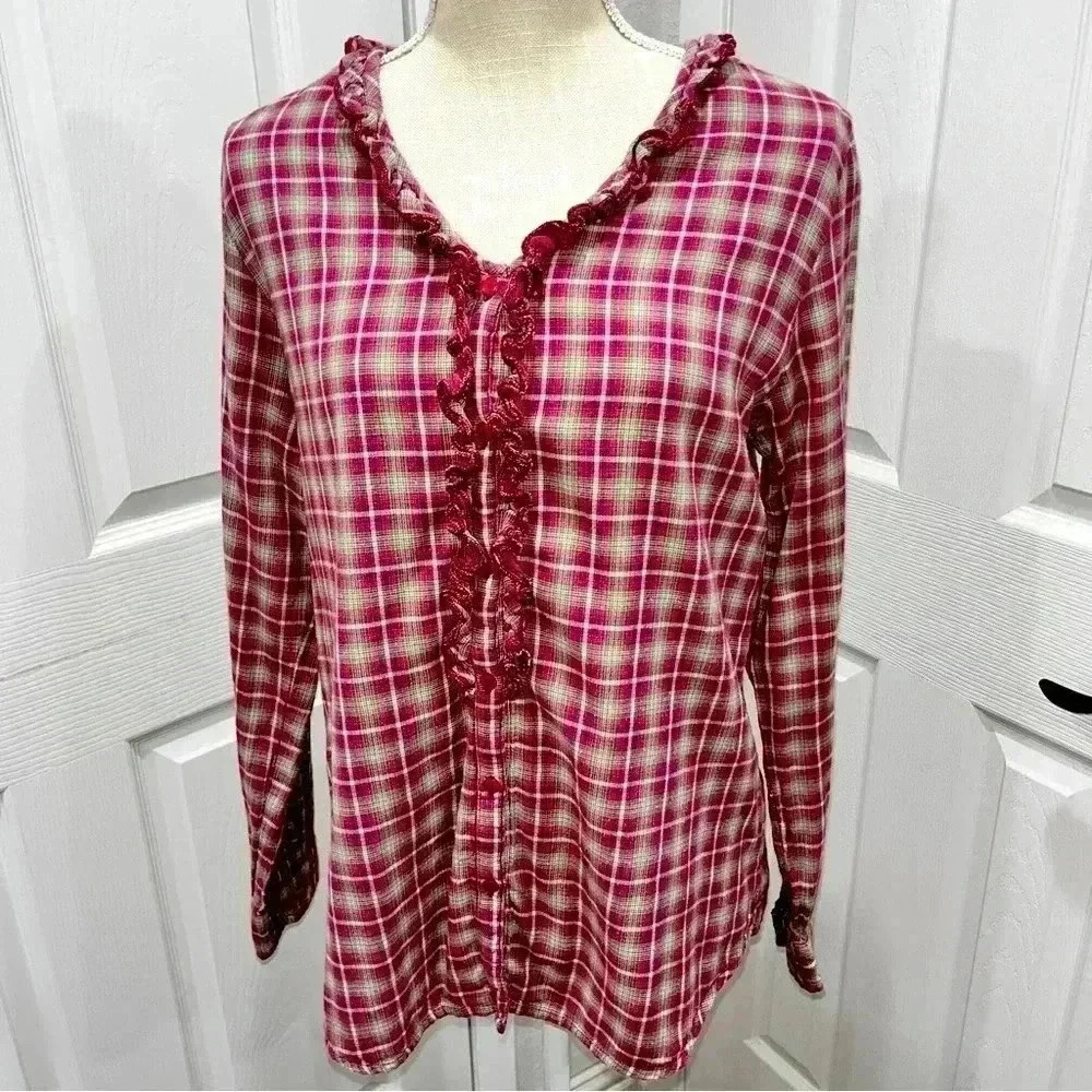 The Territory Ahead plaid ruffled front long sleeve button down shirt / blouse